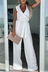 Gracie Wrap Lapel V-neck Tie Waist Pocketed Jumpsuit