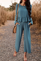 Temperament casual suit solid color long-sleeved top loose trousers