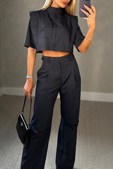 Super Chic Cargo Button Blouse and Pocketed Ripped Flare Pants Set
