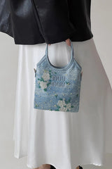 Elegant Floral Embroidered Denim Tote Bag