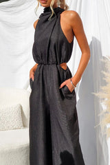 Elyssa High Neck Cutout Elastic Waist Pocketed Wide Leg Jumpsuit