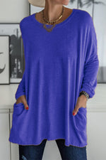 Casual Solid Patchwork Pocket O Neck Tops(13 Colors)