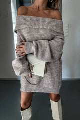 Pure Joy Knit Off Shoulder Long Sleeve Loose Sweater Mini Dress