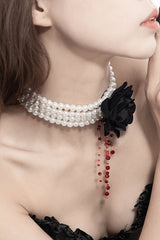 Halloween Dark Blood-stained Pearl Beaded Rose Necklace