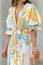 Floral Print Shirt Neck Puff Sleeve Button Maxi Dress