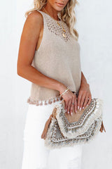 Solid Color Se Hollow Fringed Sweater