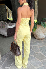 Gracelin Linen Blend Button Sleeveless Side Belt Halter Blouse and Elastic Waist Loose Pants Set