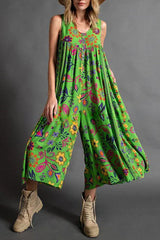 Vintage Boho Floral Print Pocketed Loose Jumpsuit