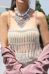 Fashionable Pearl Beaded Rhinestone Multi-layered Chest Necklace