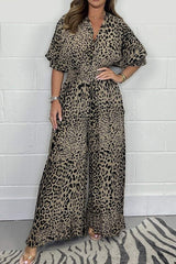 Leopard Print Casual V-neck Short-sleeved Waist Wide-leg Jumpsuit