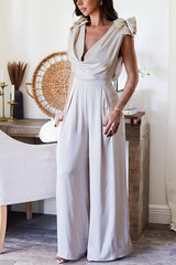 Fashion Highlight Cowl Neck Rose Detail Shoulder Wide Leg Jumpsuit