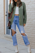 Casual Ripped Raw Hem Button Up Denim Shacket