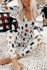 Ghost Country Halloween Print Long Sleeve Lounge Jumpsuit