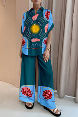 Sun Print Oversized Blouse and Elastic Waist Pocketed Pants Set