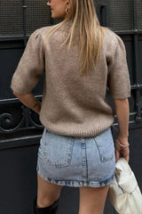 Stylish Bow Decoration Round Neck Puff Sleeve Casual Knit Sweater