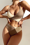 Color Block Thick Pit Strip Cross Strap High Waist Bikini