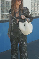 Black Magic Satin Unique Print Long Sleeve Blouse and Elastic Waist Pocket Wide Leg Pants Set