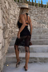 Elayna Knit Hollow Out Halter Top and Drawstring Waist Tassel Skirt Set