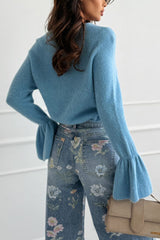 Spring Calling Knit Crew Neck Long Bell Sleeve Relaxed Sweater