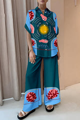 Sun Print Oversized Blouse and Elastic Waist Pocketed Pants Set