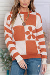 Checkered and Striped Knitted Pullover Sweater