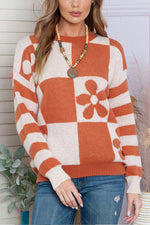Checkered and Striped Knitted Pullover Sweater