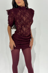 Bold and Alluring Lace High Neck Statement Padded Shoulder Wide Sleeve Ruched Mini Dress