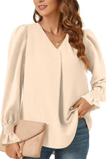 Women's Versatile Elegant V-neck Elastic Cuffs Long-sleeved Loose Top