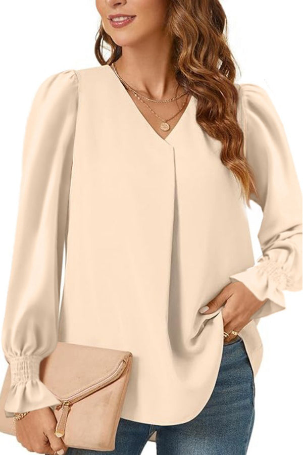 Women's Versatile Elegant V-neck Elastic Cuffs Long-sleeved Loose Top