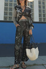 Black Magic Satin Unique Print Long Sleeve Blouse and Elastic Waist Pocket Wide Leg Pants Set