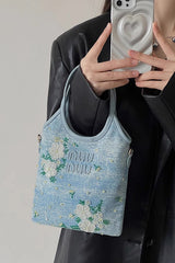Elegant Floral Embroidered Denim Tote Bag