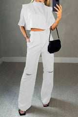 Super Chic Cargo Button Blouse and Pocketed Ripped Flare Pants Set