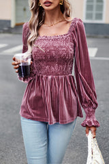 Solid Color Balloon Sleeve Commuter Long Sleeve Top