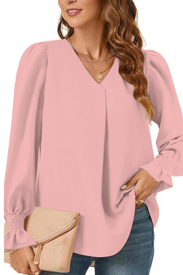 Women's Versatile Elegant V-neck Elastic Cuffs Long-sleeved Loose Top