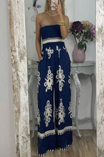 Larsen Ethnic Print Off Shooulder Smocked Bust Pocketed Jumpsuit