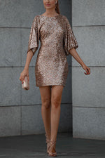 Always Beautiful Sequin Back Cowl Neck Bell Sleeve Mini Dress