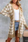 Khaki Plaid Ribbed Contrast Open Front Long Cardigan