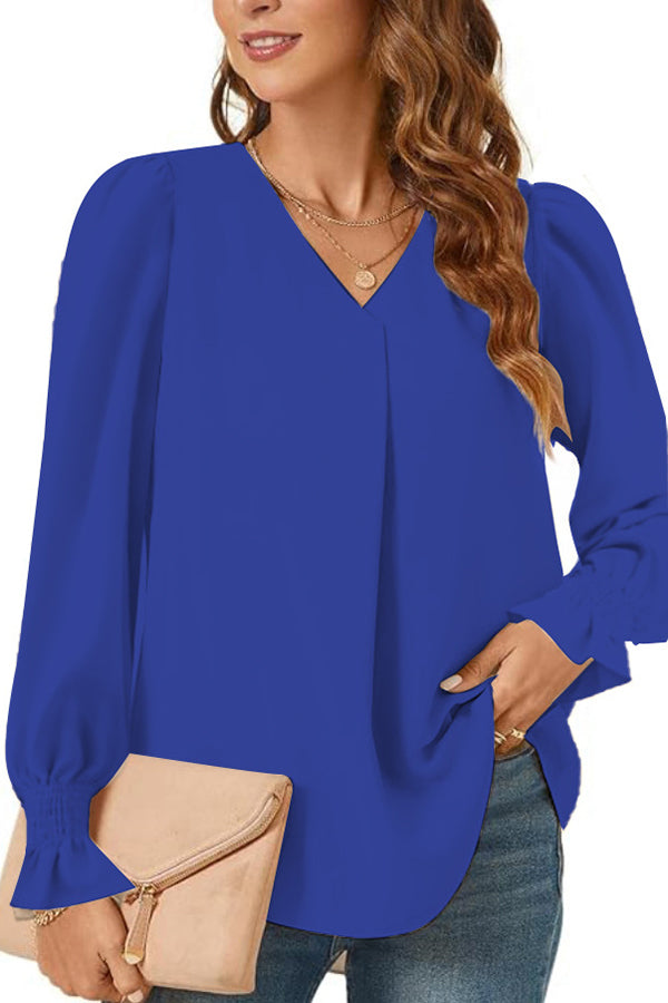 Women's Versatile Elegant V-neck Elastic Cuffs Long-sleeved Loose Top