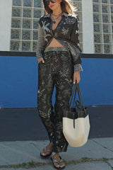 Black Magic Satin Unique Print Long Sleeve Blouse and Elastic Waist Pocket Wide Leg Pants Set