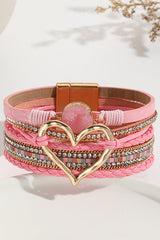 Bohemian Leather Cord Multi-layered Raw Stone Heart Bracelet