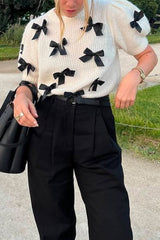 Stylish Bow Decoration Round Neck Puff Sleeve Casual Knit Sweater