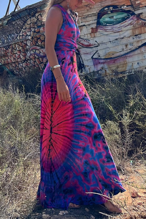 Generate Joy Tie-dye Print V-neck Cross Back Straps Stretch Maxi Dress