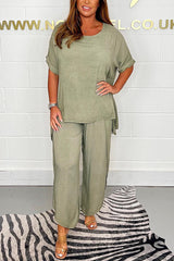 Greyson Flowy Loose Blouse and Elastic Waist Slit Pants Set