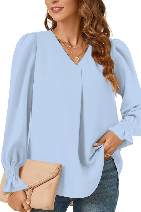 Women's Versatile Elegant V-neck Elastic Cuffs Long-sleeved Loose Top