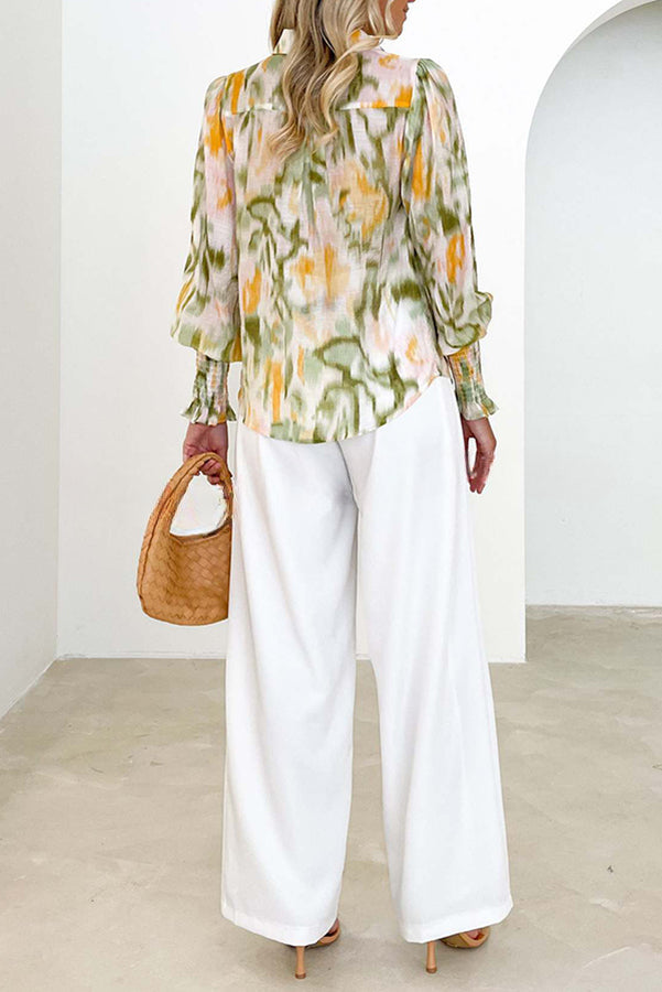 Lantern Sleeve Irregular Printed Single Breasted Shirt