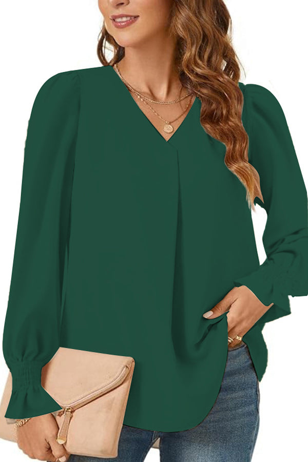 Women's Versatile Elegant V-neck Elastic Cuffs Long-sleeved Loose Top