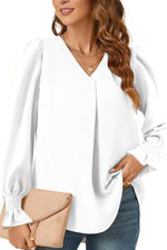 Women's Versatile Elegant V-neck Elastic Cuffs Long-sleeved Loose Top