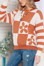 Checkered and Striped Knitted Pullover Sweater