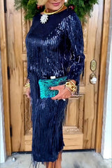 Insight Blueberry Sequin Fringe Long Sleeve Blouse