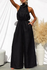 Elyssa High Neck Cutout Elastic Waist Pocketed Wide Leg Jumpsuit
